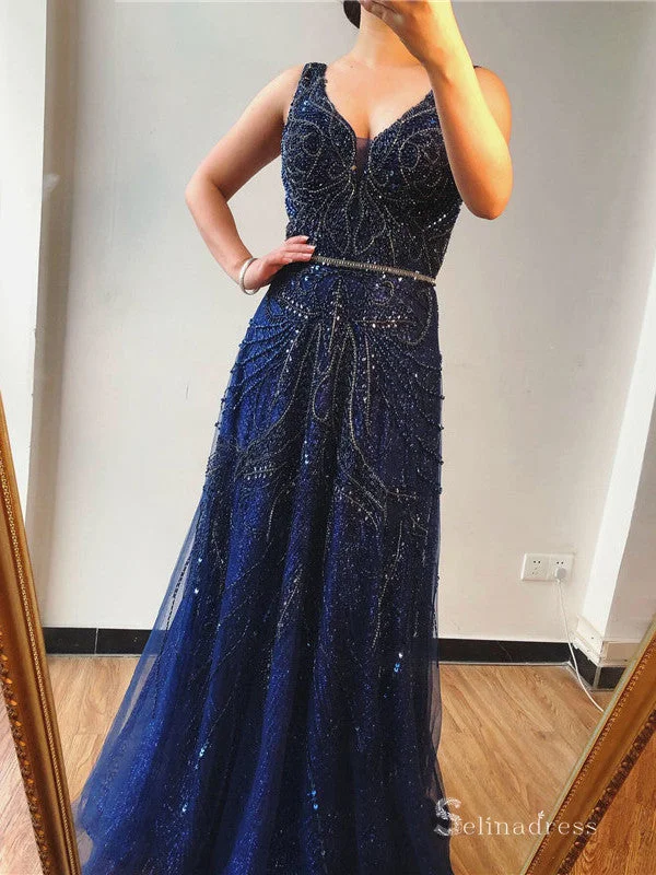 A-line Straps Long Sparkly Glitter Luxury Prom Dress Evening Formal Gown SC037