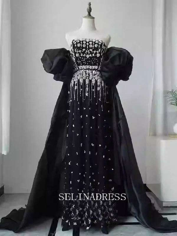 Chic A-line Strapless Long Prom Dresses With Removable Sleeve Elegant Beaded Evening Dress TKL3084 Chic A-line Strapless Long Prom Dresses With Removable Sleeve Elegant Beaded Evening Dress TKL3084