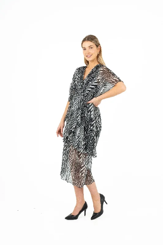 Printed V-Neck Dress With Flowing Cap-Sleeves