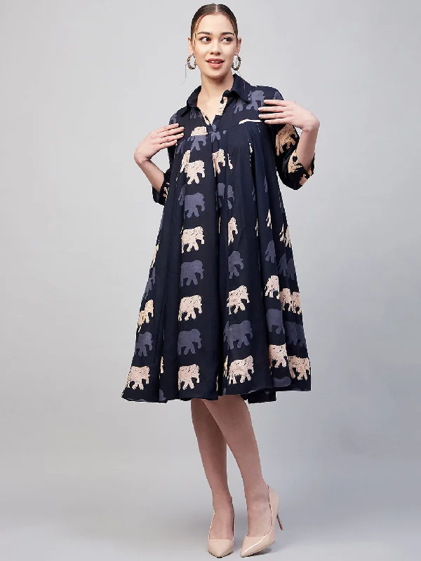 InWeave Women's Blue Elephant Print Flared Dress