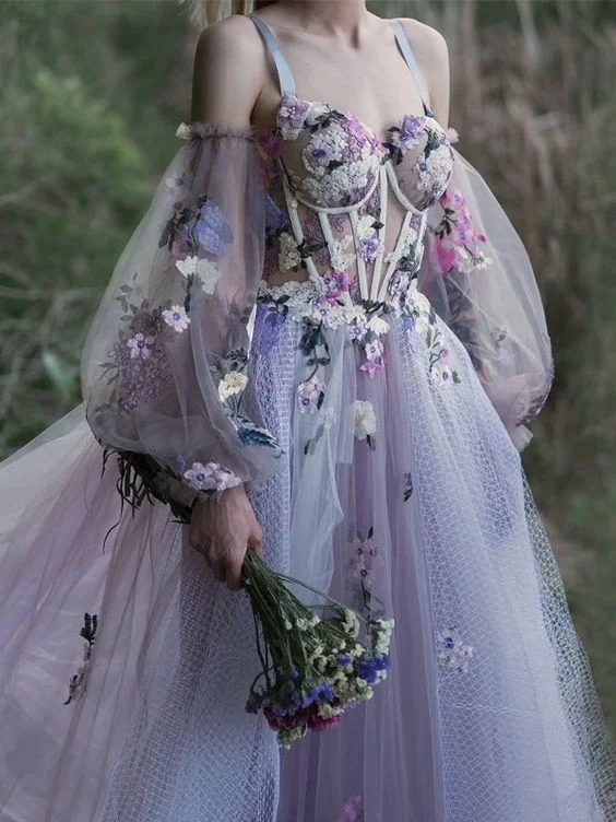 Elegant Dusty Lavender Floral Spaghetti Strap Sweetheart A-line Tulle Long Prom Dress C2370 Elegant Dusty Lavender Floral Spaghetti Strap Sweetheart A-line Tulle Long Prom Dress C2370