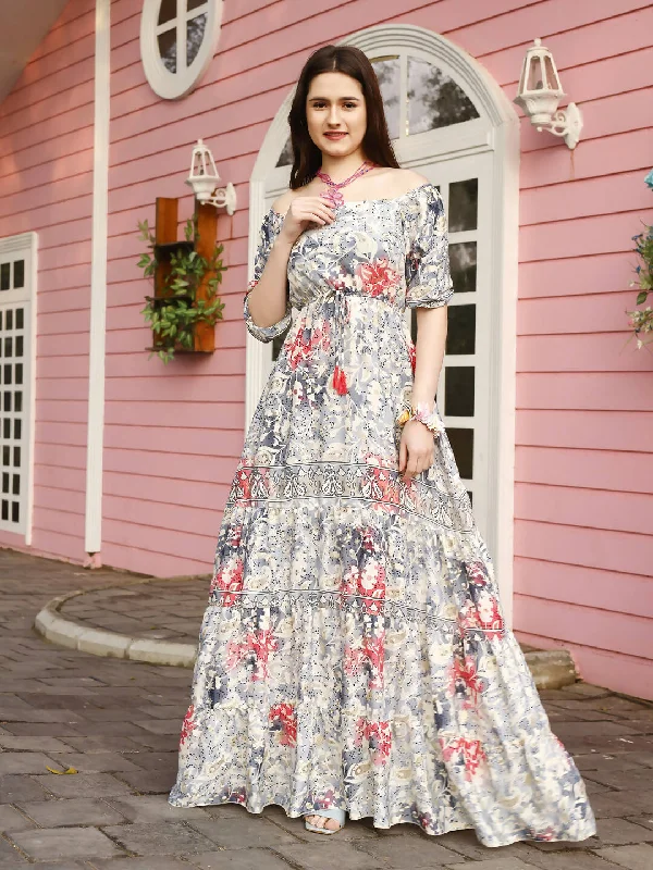 Grey Crepe Foil Printed Long Dress - Michan
