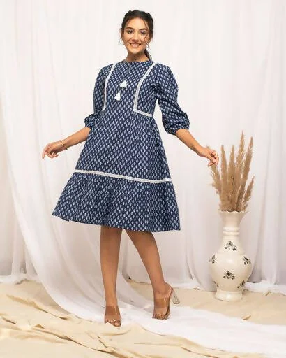 FIORRA Women's Blue Cotton Floral Printed Western Dress