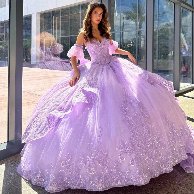 Lavender Sweetheart Quinceanera Dresses Party Off the Shoulder Evening Prom Dress for Women Tulle Applique Lace Beads Ball Gown Lavender Sweetheart Quinceanera Dresses Party Off the Shoulder Evening Prom Dress for Women Tulle Applique Lace Beads Ball Gown