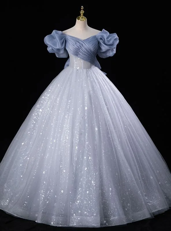 Fairy Blue Tulle Sequins Off the Shoulder Quinceanera Dress Cute Ball Gown With Bow cc1700 Fairy Blue Tulle Sequins Off the Shoulder Quinceanera Dress Cute Ball Gown With Bow cc1700