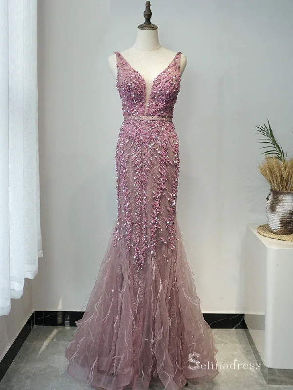 Selina Luxury Mermiad Sexy Prom Dress With Feather Tassel Long Prom Evening Gowns SC048 Selina Luxury Mermiad Sexy Prom Dress With Feather Tassel Long Prom Evening Gowns SC048
