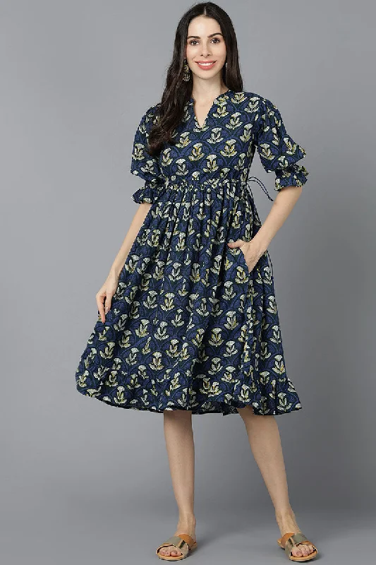 Women's Navy Blue Cotton Flared Dress - Rasiya