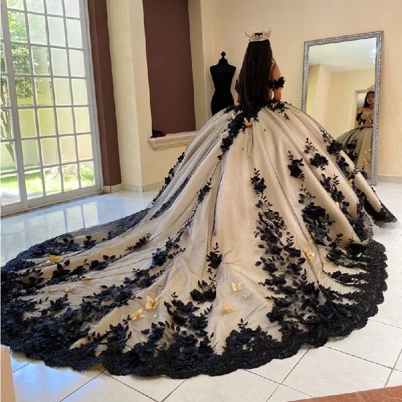 Luxury Black Ball Gown Quinceanera Dress 2024 Off Shoulder Long Train Sweet 15 16 Year Birthday Party Real Vestidos De XV Años Luxury Black Ball Gown Quinceanera Dress 2024 Off Shoulder Long Train Sweet 15 16 Year Birthday Party Real Vestidos De XV Años