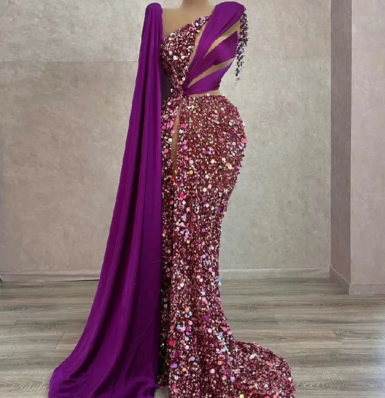 Purple Sparkle Sequins Long Mermaid Evening Dresses for Black Girls Sexy One Shoulder Beading Tassels Wedding Party Prom Gowns Purple Sparkle Sequins Long Mermaid Evening Dresses for Black Girls Sexy One Shoulder Beading Tassels Wedding Party Prom Gowns