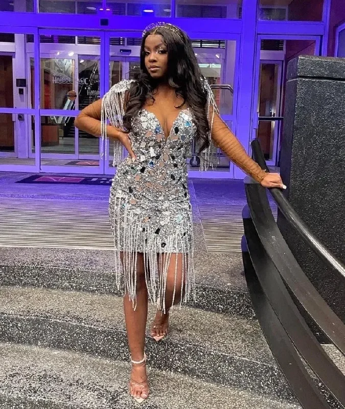 Ladies Dresses For Special Occasions Silver Cocktail Dress Scoop African Women Short Prom Gowns Long Sleeves Party Wear Ladies Dresses For Special Occasions Silver Cocktail Dress Scoop African Women Short Prom Gowns Long Sleeves Party Wear