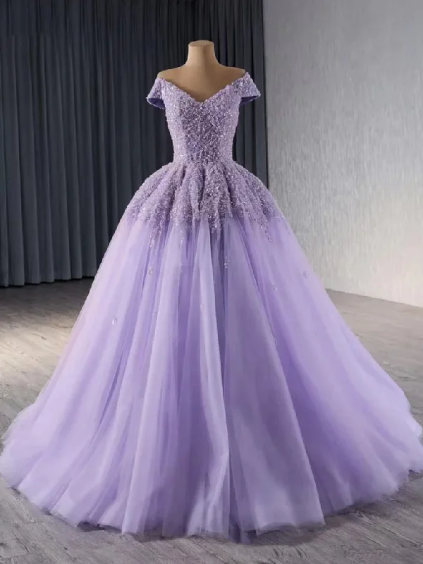 Shiny Off Shoulder Purple Sequins Beaded Long Tulle Quinceanera Dress Formal Ball Gown cc1964 Shiny Off Shoulder Purple Sequins Beaded Long Tulle Quinceanera Dress Formal Ball Gown cc1964