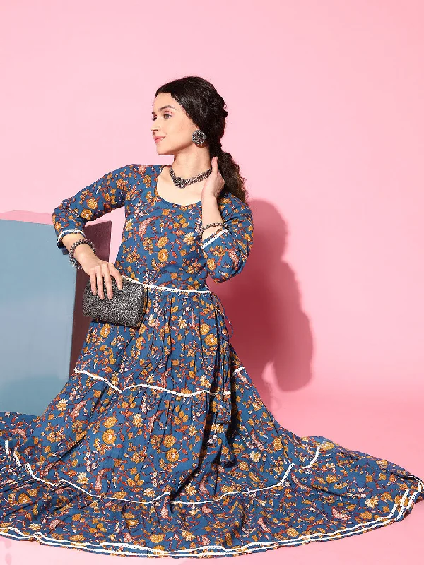InWeave Women's Blue Floral Print Dress With Lace