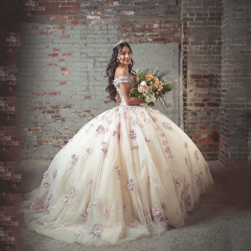 Ivory Ball gown Quinceanera Dresses Sweet 16 dress Off Shoulder Appliques 3D Flower15 Years Girls Prom Gowns Ivory Ball gown Quinceanera Dresses Sweet 16 dress Off Shoulder Appliques 3D Flower15 Years Girls Prom Gowns