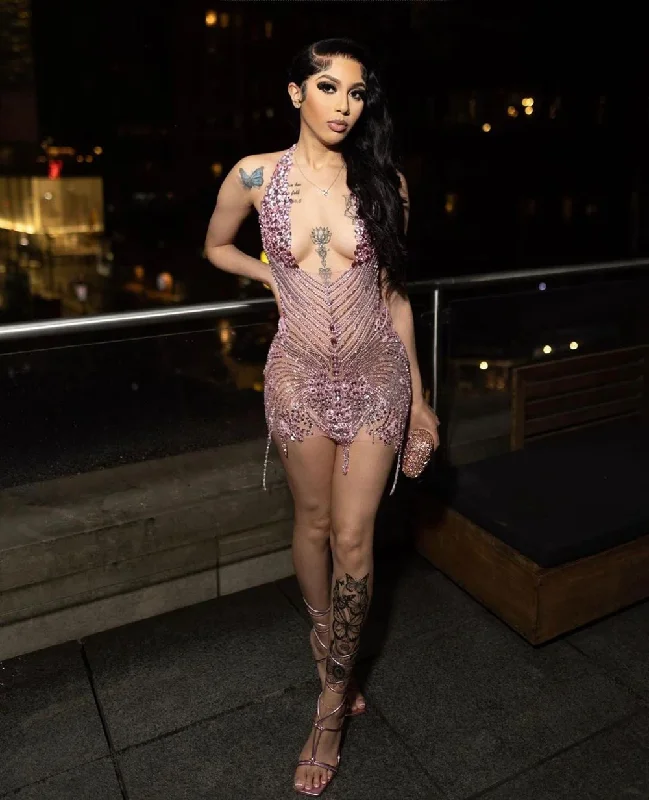 Luxury Sexy See Through Women Cocktail Homecoming Sparkly Pink Diamond Black Girl Short Prom Dress For Birthday Party Luxury Sexy See Through Women Cocktail Homecoming Sparkly Pink Diamond Black Girl Short Prom Dress For Birthday Party