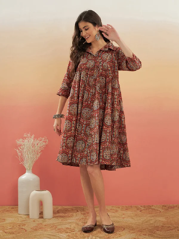 InWeave Women's Maroon Mughal Kalamkari Flared Dress