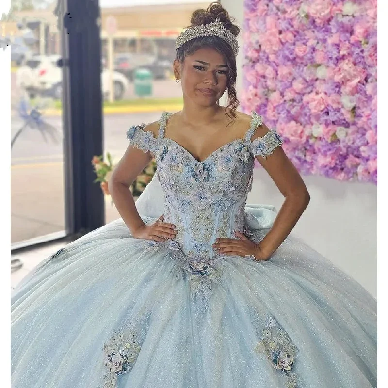 Sky Blue Quinceanera Dresses Ball Gown Floral Sweet 16 Dress Lace Appliques Off Shoulder Sky Blue Quinceanera Dresses Ball Gown Floral Sweet 16 Dress Lace Appliques Off Shoulder