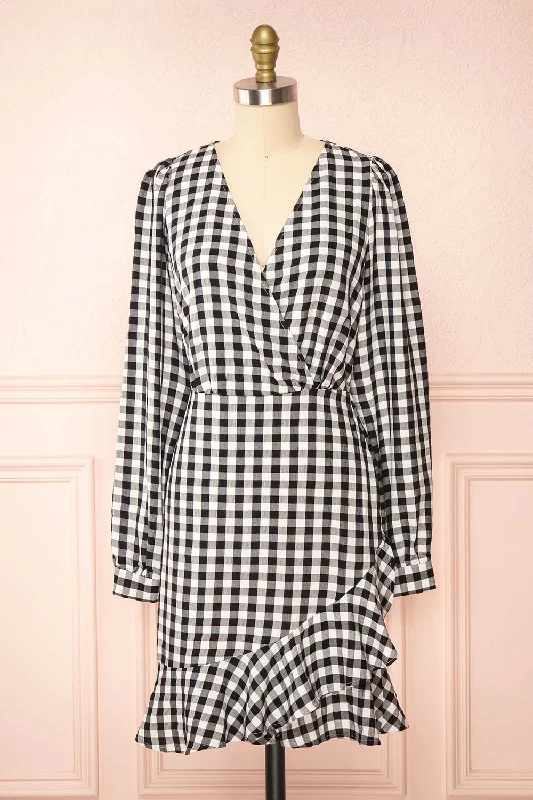Grutha Black | Long Sleeve Short Gingham Dress w/ Ruffles