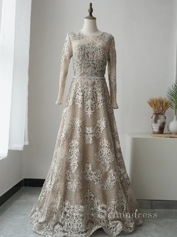 A-line Scoop Long Sleeve Beaded Lace Long Prom Dress luxurious Evening Gowns ASB003