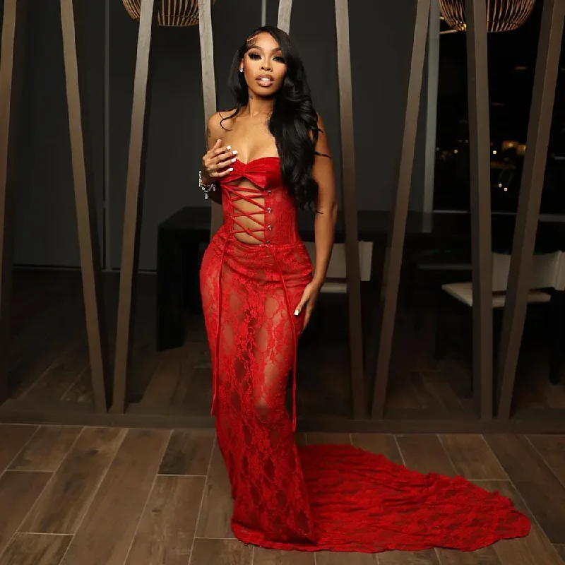 Sexy Red Lace Prom Dress For Black Girls 2024 Sweetheart Mermaid Party Gowns See Through Vestidos De Graduación Sexy Red Lace Prom Dress For Black Girls 2024 Sweetheart Mermaid Party Gowns See Through Vestidos De Graduación
