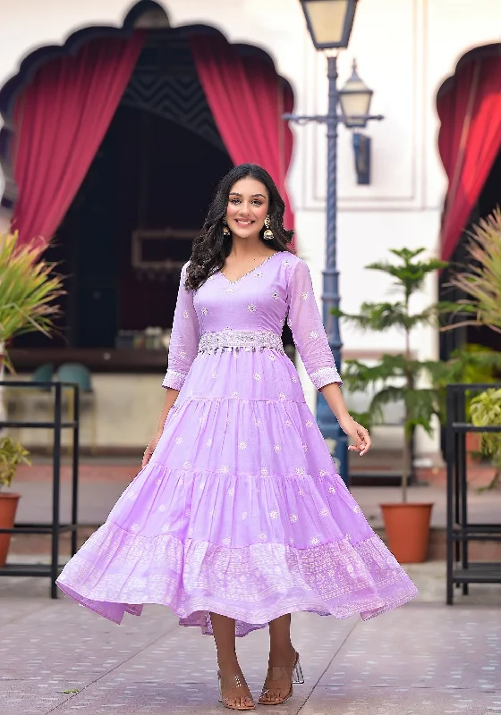 NOZ2TOZ Women V-Neck Fit Flare Ethnic Dress - Lavender