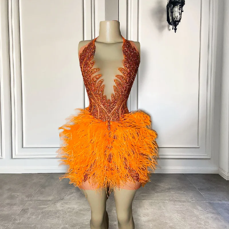 Sexy See Through Luxury Orange Diamond Women Formal Birthday Party Gowns Feather Black Girls Mini Short Prom Dresses Sexy See Through Luxury Orange Diamond Women Formal Birthday Party Gowns Feather Black Girls Mini Short Prom Dresses