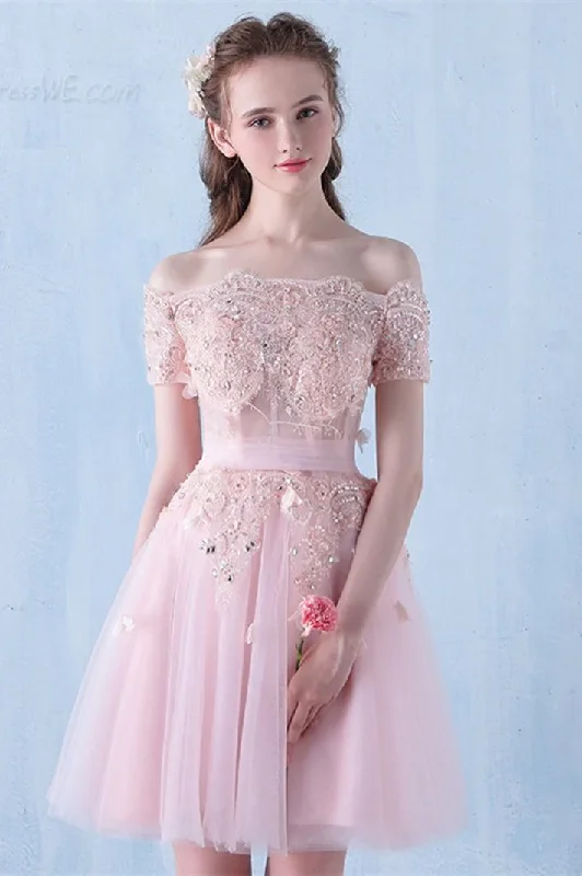 Pink Off the Shoulder Tulle Short Prom Dress with Beading, A Line Homecoming Dress c2997 Pink Off the Shoulder Tulle Short Prom Dress with Beading, A Line Homecoming Dress c2997