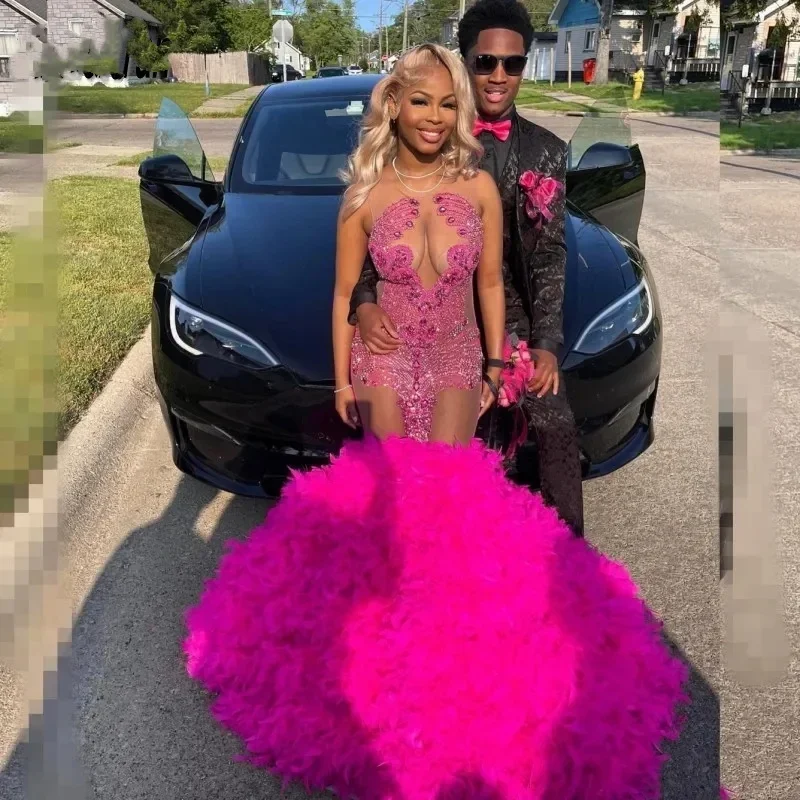 Hot Pink Prom Dress For Black Girls 2024 Rhinestone Feathers Mermaid Party Gowns See Through Top Vestidos De Festa Hot Pink Prom Dress For Black Girls 2024 Rhinestone Feathers Mermaid Party Gowns See Through Top Vestidos De Festa