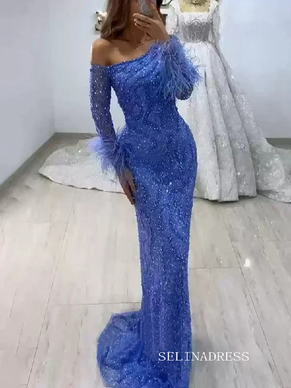 One Shoulder Blue Long Sleeve Prom Dress High Quality Evening Gowns CN004