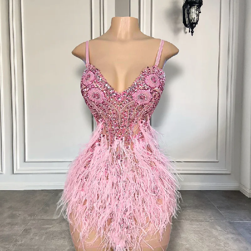 Cute Pink Diamond Crystals African Black Girls Short Prom Dresses Feather Mini Style Women Formal Birthday Party Gowns Cute Pink Diamond Crystals African Black Girls Short Prom Dresses Feather Mini Style Women Formal Birthday Party Gowns