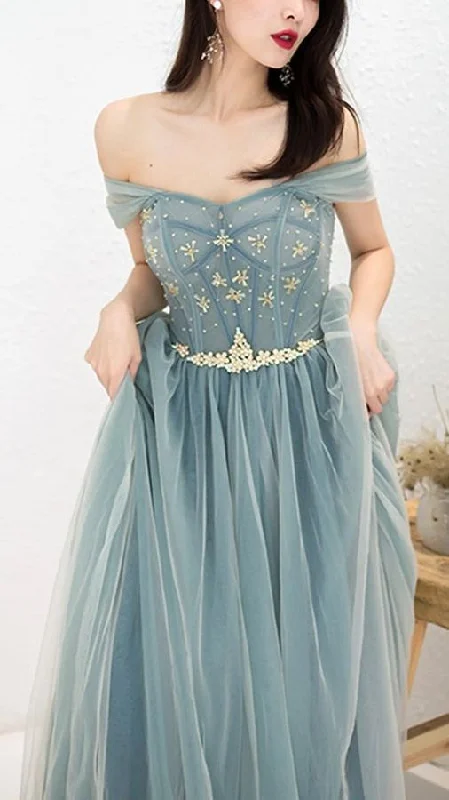 Dusty Blue Tulle Beaded Off-the-Shoulder Long Prom Dresses, Formal Dress C2425