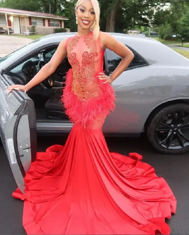 Red African Sparkly Trumpet Evening Pageant Dresses for Women Luxury Diamond Feather Black Girl Prom Celebrity Gown Red African Sparkly Trumpet Evening Pageant Dresses for Women Luxury Diamond Feather Black Girl Prom Celebrity Gown