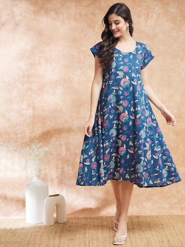 InWeave Women's Blue Pink Kalamkari A Line Dress