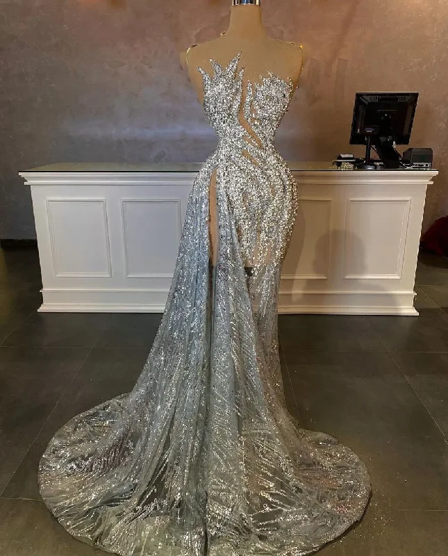 Sparkly Mermaid Evening Dresses V Neck Sleeveless Sequins Lace 3D Lace Hollow Side SlitBeaded Appliques Prom Dresses Custom Made Sparkly Mermaid Evening Dresses V Neck Sleeveless Sequins Lace 3D Lace Hollow Side SlitBeaded Appliques Prom Dresses Custom Made