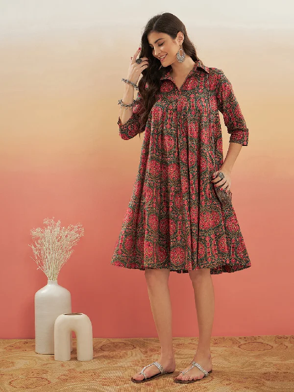 InWeave Women's Green Red Mughal Kalamkari Flared Dress