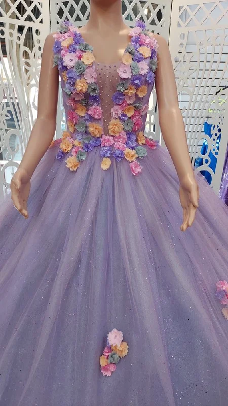 Purple V Neck Tulle Quinceanera Dress Ball Gown Sweet 16 Dress cc998