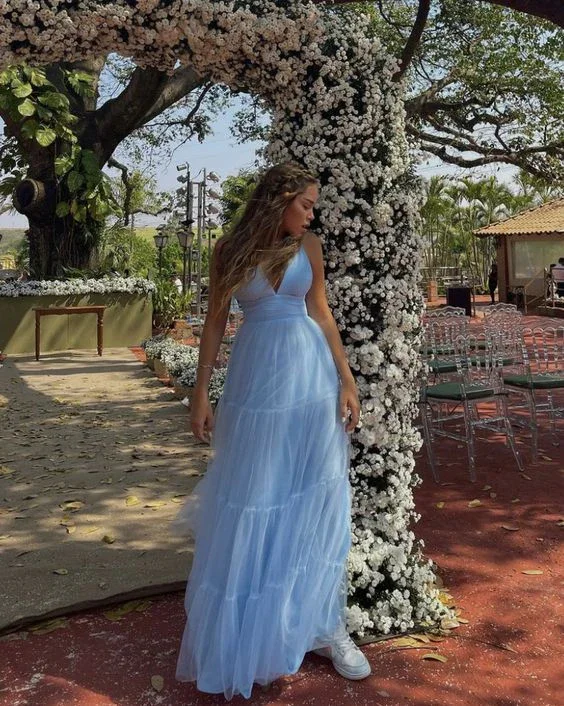 Simple Blue V Neck Tulle Party Prom Dress cc2273