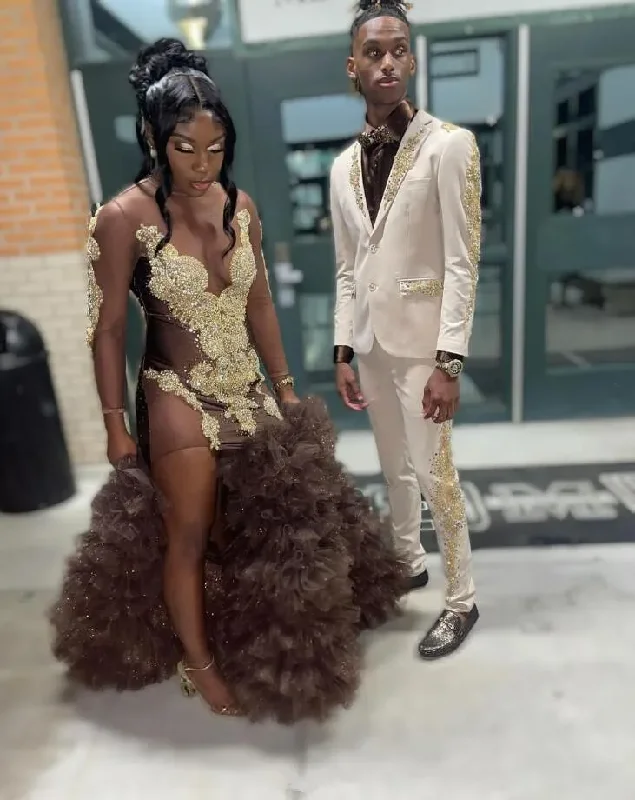 Brown Ruffles African Prom Homecoming Dress for Women Sparkly Diamond Crystal Black Girl Birthday Runway Party Gown Gala Brown Ruffles African Prom Homecoming Dress for Women Sparkly Diamond Crystal Black Girl Birthday Runway Party Gown Gala
