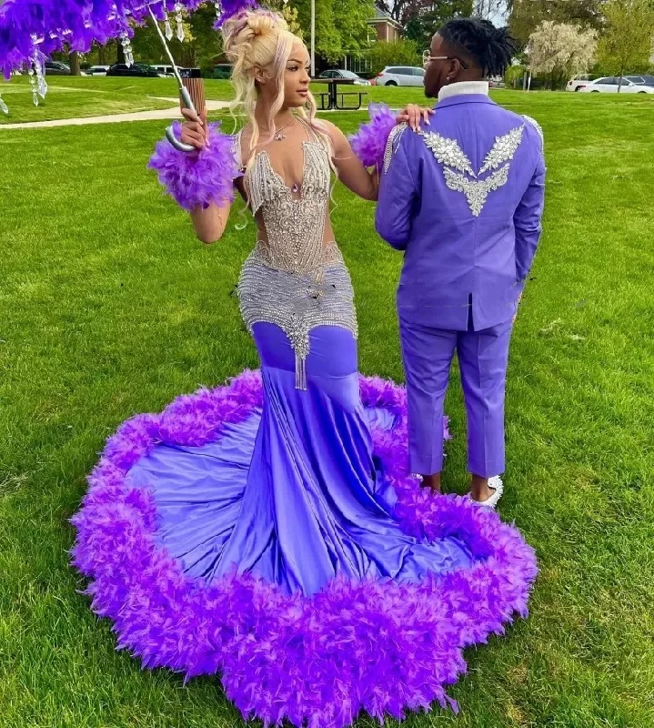Luxury Purple Prom Dresses For Black Girls 2024 Rhinestone Feathers African Women Mermaid Party Gowns Vestidos De Festa Luxury Purple Prom Dresses For Black Girls 2024 Rhinestone Feathers African Women Mermaid Party Gowns Vestidos De Festa