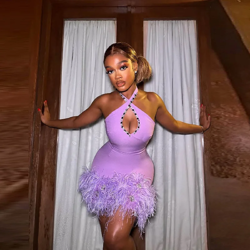 Lavender Sexy Cocktail Dresses Halter Sexy Back Feathers Bottom Mermaid Wmen Party Prom Dress Short Black Girls Homecoming Gowns Lavender Sexy Cocktail Dresses Halter Sexy Back Feathers Bottom Mermaid Wmen Party Prom Dress Short Black Girls Homecoming Gowns