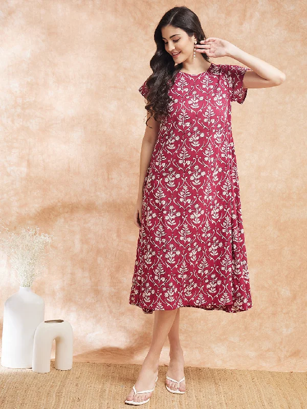 InWeave Women's Wine Cream Floral Print A Line Dress