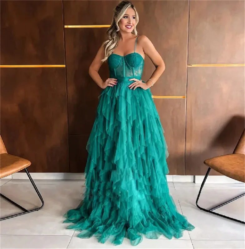 Gorgeous Ruffles Tulle A Line Prom Dresses Spaghetti Strap Layered Special Occasion Dress Lace Top Ruffles Tulle Evening Dress Gorgeous Ruffles Tulle A Line Prom Dresses Spaghetti Strap Layered Special Occasion Dress Lace Top Ruffles Tulle Evening Dress