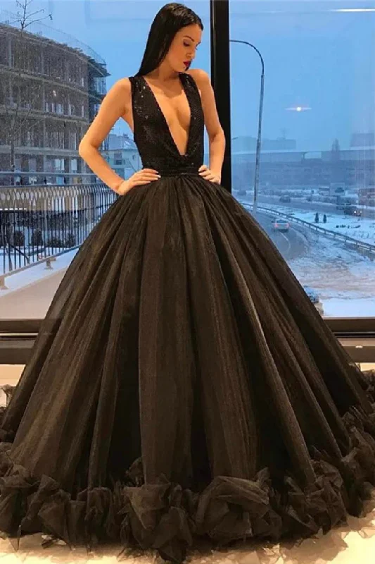 Black Quinceanera Dresses Ball Gown V Neck Sequined Bodice Tulle Floor Length  cc312
