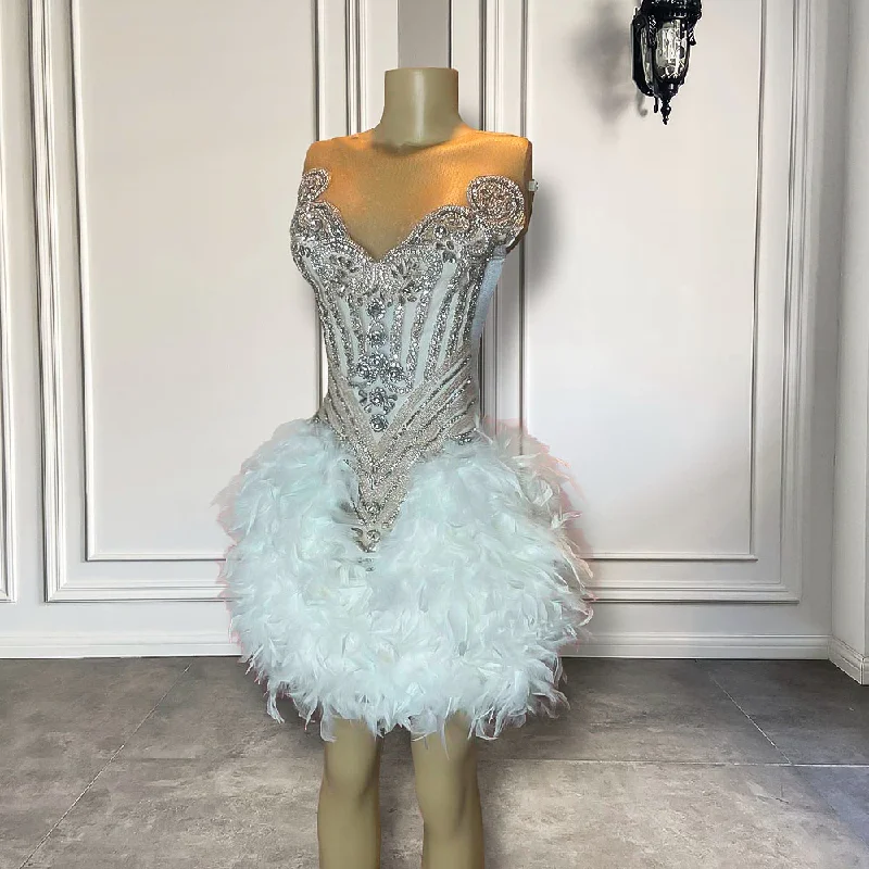 New Arrival Luxury Handmade Silver Diamond Women Birthday Party Formal Gowns White Feather Black Girls Short Prom Dresses New Arrival Luxury Handmade Silver Diamond Women Birthday Party Formal Gowns White Feather Black Girls Short Prom Dresses