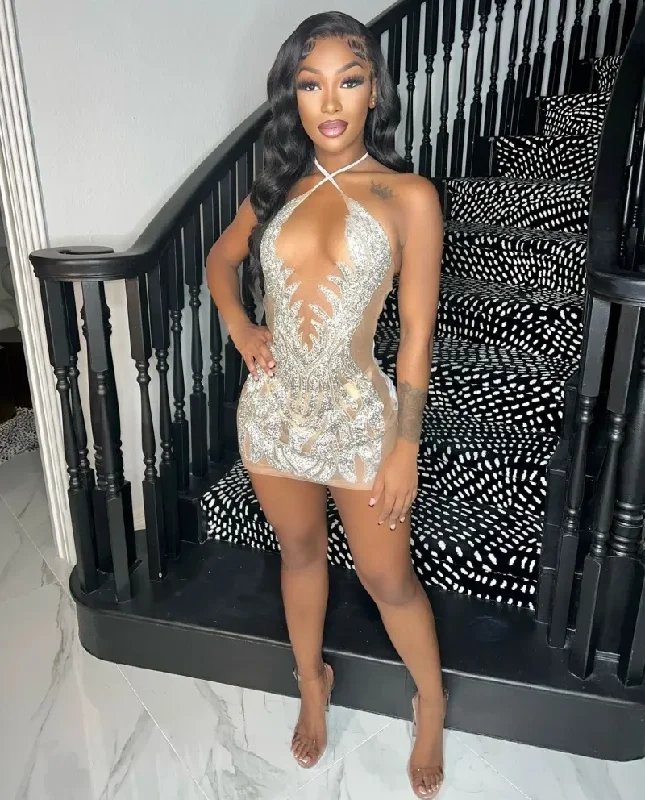 Sexy Diamond Short Prom Dresses Backless Rhinestone Black Girsl Birthday Party Gowns Vestidos De Gala Para Graduación Sexy Diamond Short Prom Dresses Backless Rhinestone Black Girsl Birthday Party Gowns Vestidos De Gala Para Graduación