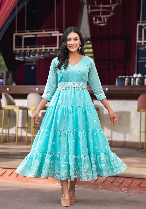 NOZ2TOZ Women Floral Embroidered Gathered Tiered Cotton Fit Flare Ethnic Dress - Blue NOZ2TOZ Women Floral Embroidered Gathered Tiered Cotton Fit Flare Ethnic Dress - Blue