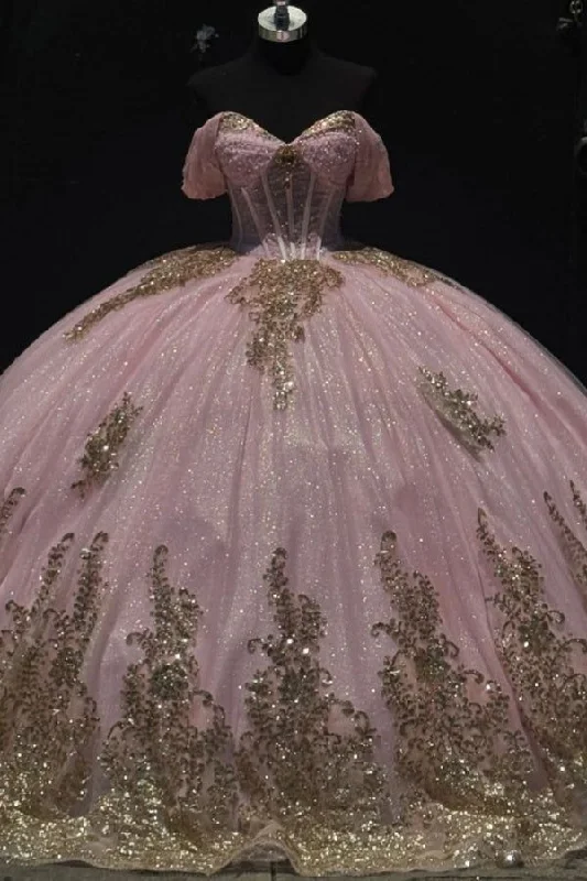 Glitter Pink Tulle Sequins Sweet 16 Ball Gown Off The Shoulder Quinceanera Dress cc2388 Glitter Pink Tulle Sequins Sweet 16 Ball Gown Off The Shoulder Quinceanera Dress cc2388