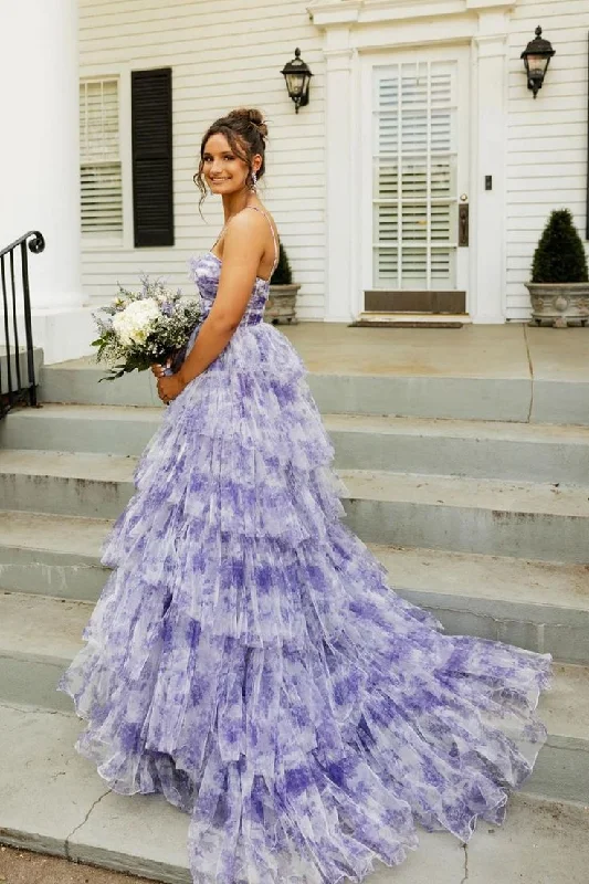 Sweet Ball Gown Straps Lavender Floral Printed Tulle Long Prom Dress cc1609