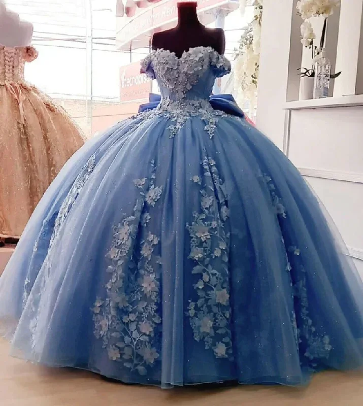 Blue Tulle Floral Flower Lace Appliques Off Shoulder Ball Gown Quinceanera Dress With Bow cc1728 Blue Tulle Floral Flower Lace Appliques Off Shoulder Ball Gown Quinceanera Dress With Bow cc1728