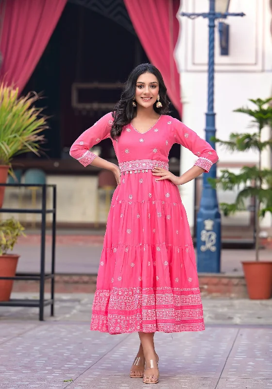 NOZ2TOZ Women Floral Embroidered Tiered Cotton Fit And Flare Midi Ethnic Dress With Belt - Red