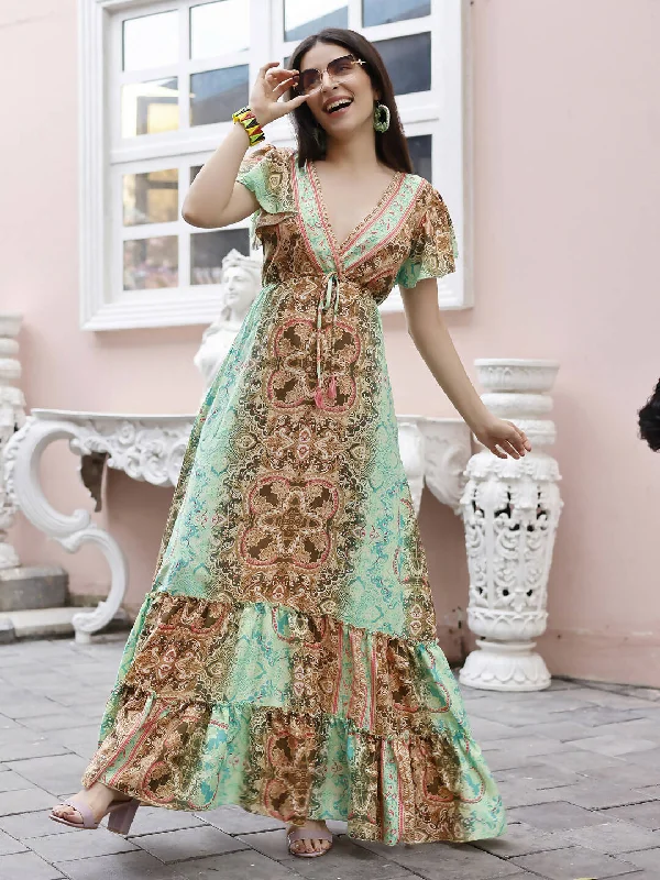 Sea Green Rayon Foil Printed Long Dress - Michan